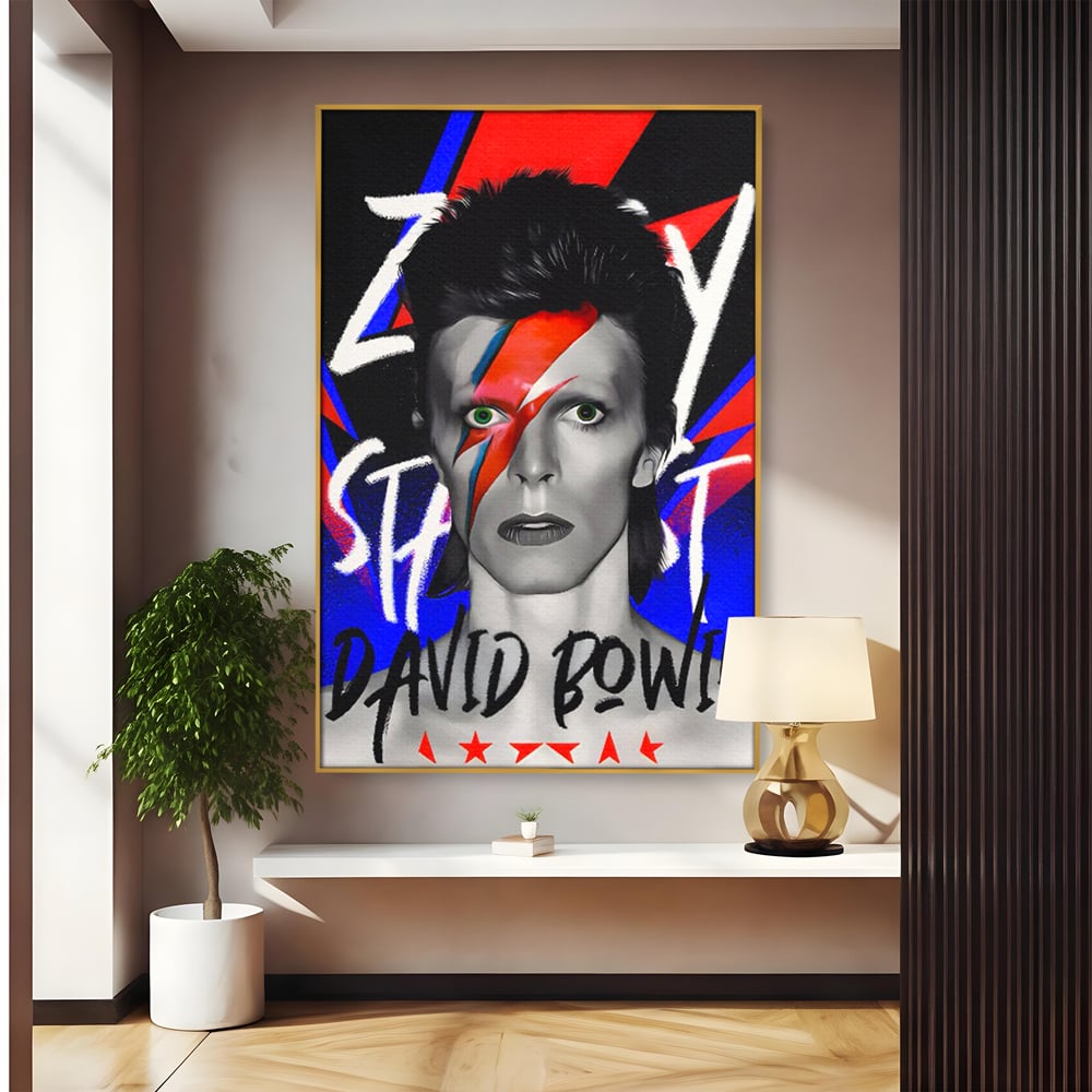 Tablou canvas cu tablou portret david bowie cu fulger, in rama de aluminiu auriu